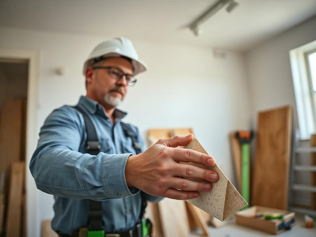 A close-up shot of a skilled contractor installing drywall in a well-lit room. The focus is on the contractor's hands as they expertly handle the drywall sheets, showcasing precision and craftsmanship. The background features partially installed drywall, tools, and a clean working environment. The color scheme incorporates a vibrant green accent to align with the brand's primary color.