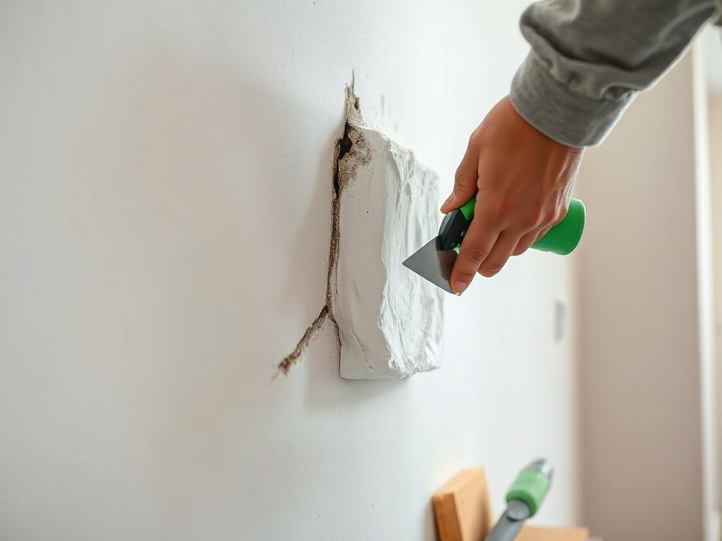 A close-up shot of a professional repairing drywall, focusing on their hands applying joint compound to a damaged area. The background shows a partially repaired wall with tools like a putty knife and sanding block nearby. The scene is bright and clean, emphasizing the skill and precision involved in the repair process, with a hint of the brand's green color theme.