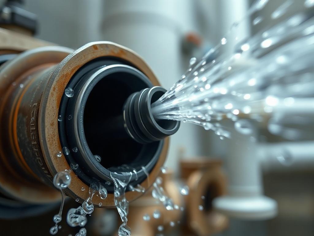 A close-up shot of a hydro jetting nozzle spraying high-pressure water inside a residential drain pipe. The image should capture the dynamic action of water being propelled, showcasing the force and effectiveness of the jetting process. The background should be a blurred view of a clean, bright plumbing environment, emphasizing the focus on the jetting nozzle.