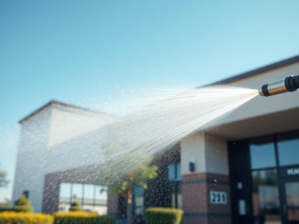 A close-up shot of a commercial building being pressure washed. The scene captures water spraying off the building's surface, revealing a clean and bright facade. The background shows a clear blue sky and a few trees, highlighting the freshness of the cleaning. The image has a hyper-realistic style, focusing on the action of the pressure washer with droplets of water visible.