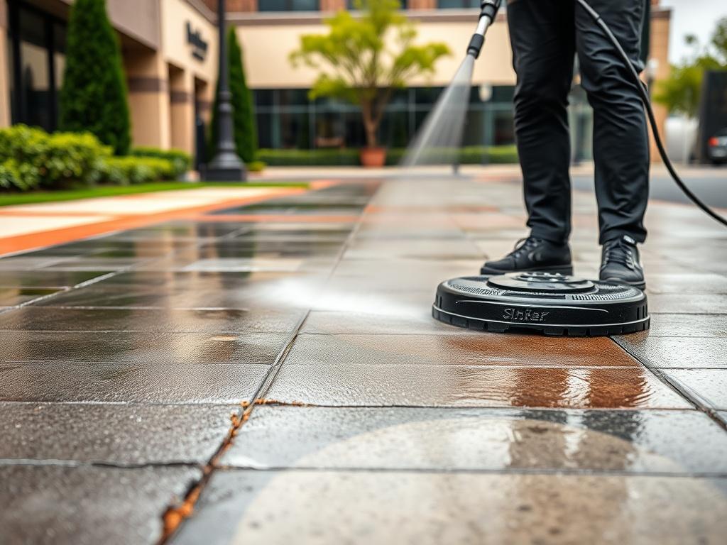 A hyper-realistic close-up shot of a sidewalk being cleaned with a pressure washer. The image shows the contrast between the dirty area and the freshly cleaned section, emphasizing the effectiveness of the cleaning process. The background features a well-maintained building and greenery, representing a neat commercial environment.