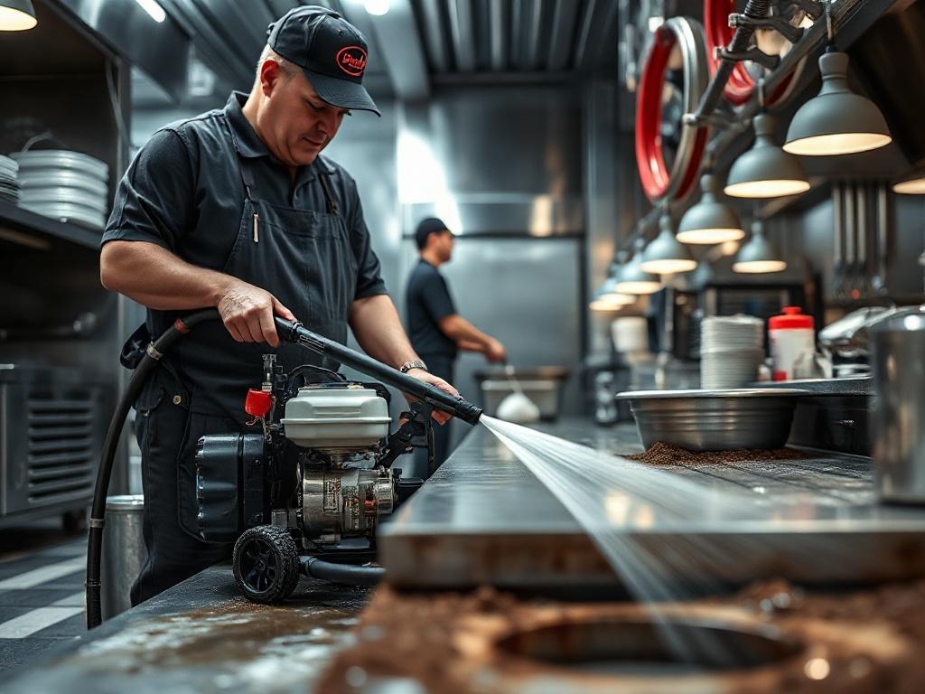 A realistic, high-resolution image of a technician operating a hydro jetting machine in a commercial kitchen setting. The focus should be on the technician at work, with a jetting hose extending into a drain. The background should depict a busy kitchen, hinting at the high demands placed on the plumbing system.