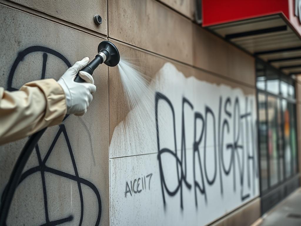 A close-up shot of a wall being treated for graffiti removal. The image shows a technician applying a cleaning solution to the graffiti-covered area, with the contrast between the clean and dirty sections visible. The setting includes a commercial building in an urban environment, showcasing the importance of maintaining a clean exterior.