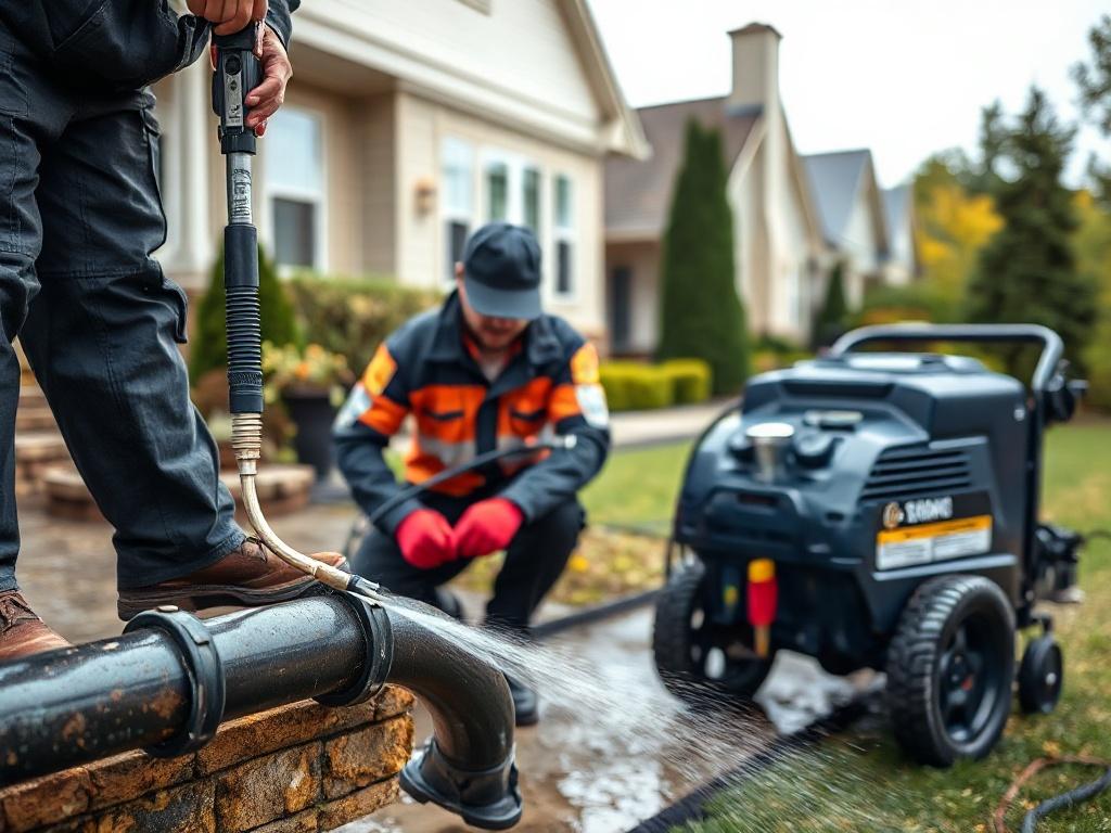 A professional technician performing hydro jetting maintenance on a residential property. The image should show the technician inspecting pipes while the hydro jetting equipment is set up nearby. The background should include a well-kept yard, indicating a home environment.