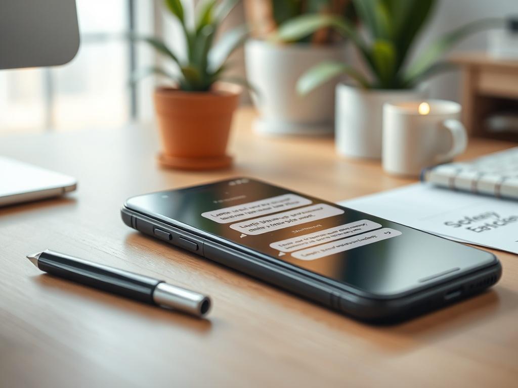 Create a realistic high-resolution image that visually conveys the essence of SMS/MMS communication policies. Focus on a single subject: a smartphone lying on a clean, minimalist wooden desk. The smartphone screen should visibly display an open messaging app showing a conversation about SMS/MMS communication guidelines with customers. 

Ensure the background is softly blurred to keep the focus on the smartphone, showcasing a cozy office environment with hints of greenery, such as potted plants or a gentle l