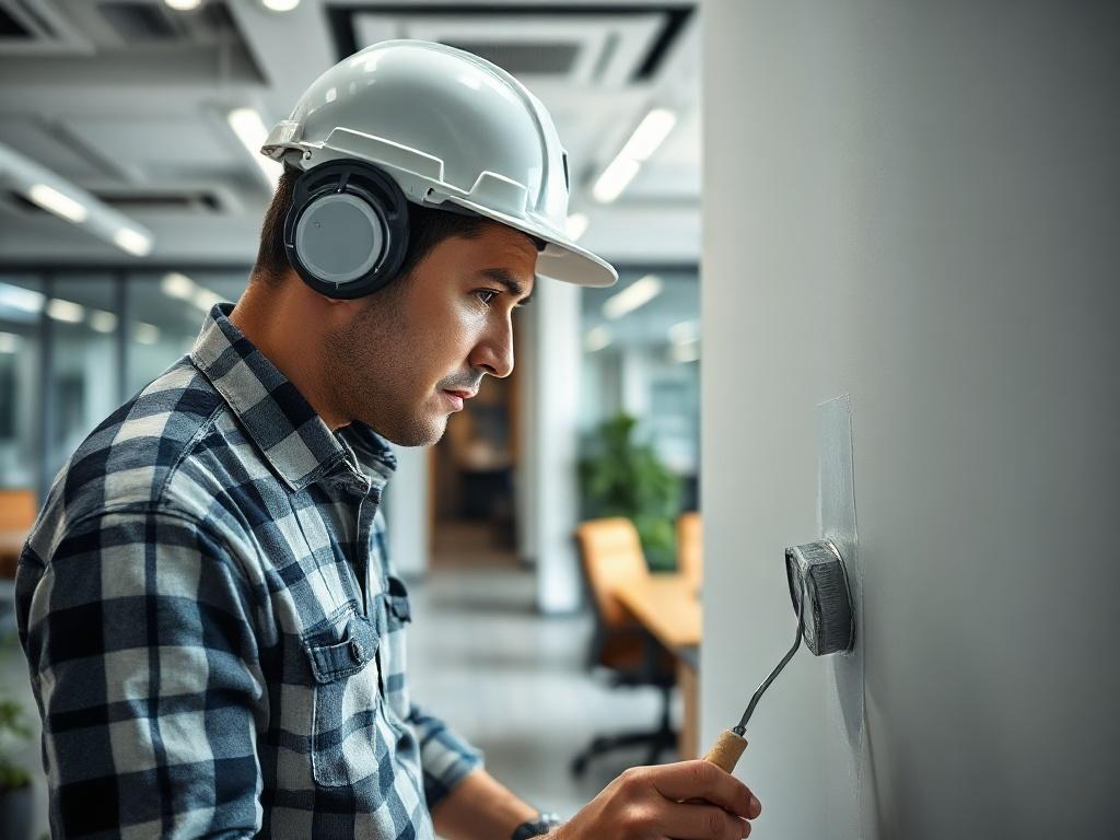 A close-up shot of a commercial painter applying paint to an office interior, showcasing a modern workspace. The background features contemporary office furniture and bright lighting, emphasizing a professional and inviting environment. The image should capture the painter's attention to detail and the quality of the paint.