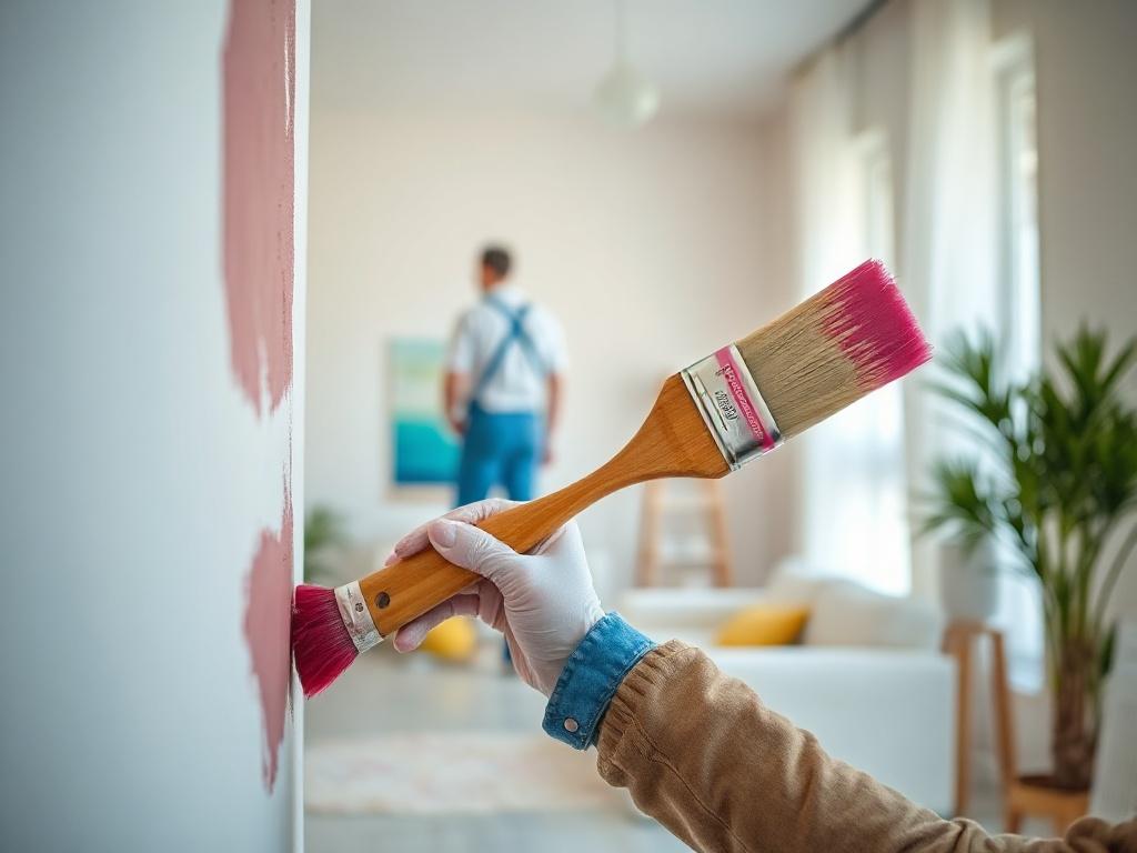A close-up shot of a painter applying high-quality paint to a wall with a brush, showcasing vibrant colors and a smooth finish. The background features a well-lit, freshly painted room with minimal furniture, emphasizing the transformation. The image should have realistic textures and colors, focusing on the painter's technique.