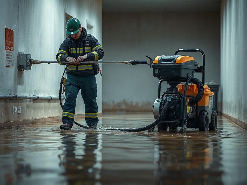 A close-up shot of a professional technician using a high-powered water extraction machine in a flooded room. The technician is focused and wearing safety gear. The background shows water pooling on the floor, with visible water damage signs on the walls. The lighting is bright, emphasizing the urgency of the situation. Shot with a 45mm f/1.2 lens.