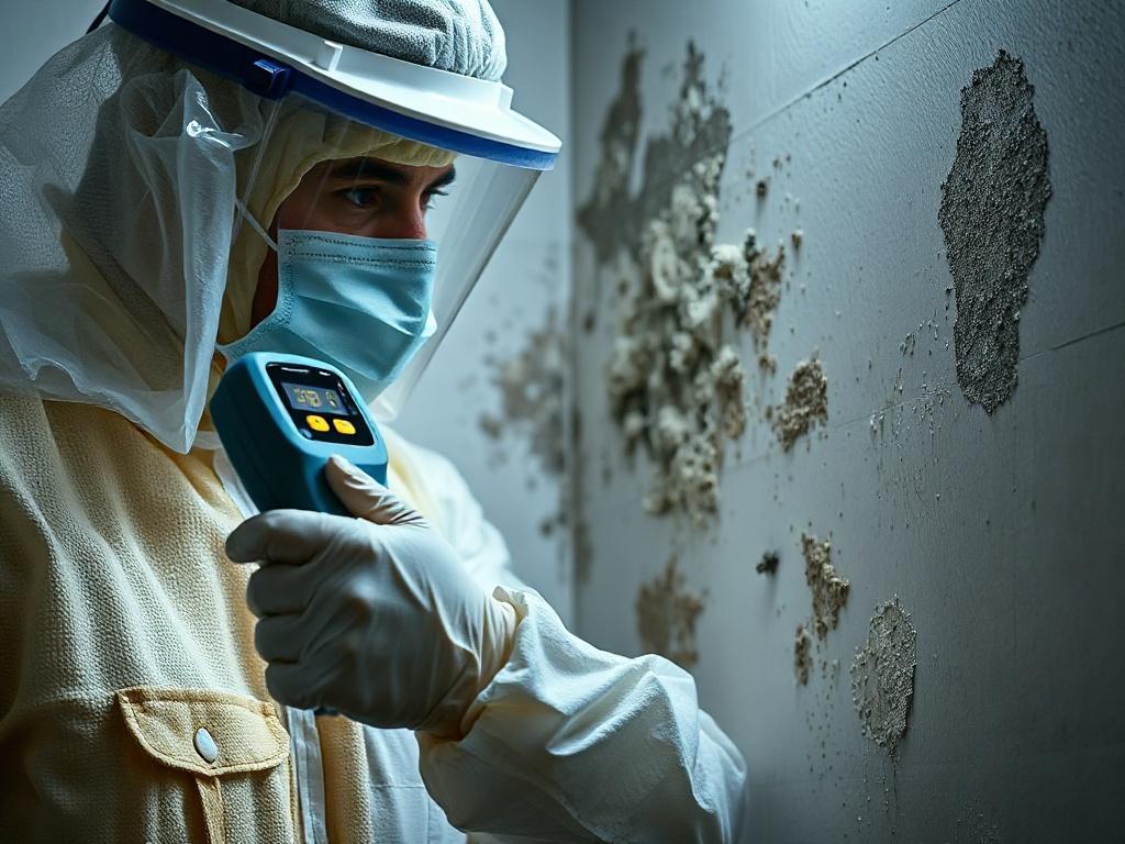 A close-up shot of a technician in protective gear inspecting a wall for mold. The technician is using a mold detection tool, with visible signs of mold growth in the background. The lighting emphasizes the seriousness of the inspection process. Shot with a 45mm f/1.2 lens.