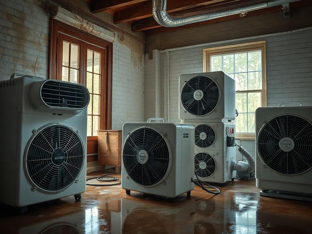 A close-up shot of industrial dehumidifiers and fans set up in a water-damaged room. The equipment is actively running, with moisture being extracted from the air. The background reveals wet walls and flooring, highlighting the ongoing restoration effort. The scene is well-lit to showcase the drying process. Shot with a 45mm f/1.2 lens.
