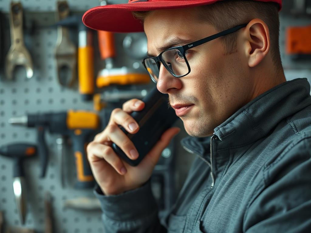 A close-up shot of a professional service technician on the phone, looking engaged and focused, in a well-lit environment. The background should show tools and equipment related to facility maintenance, creating a sense of professionalism and readiness. The technician should be wearing a uniform with a logo visible, and the image should be shot with a 45mm f/1.2 lens style, emphasizing clarity and detail, compatible with the rgb(50, 170, 39) primary color.