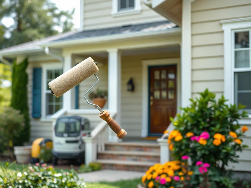 A close-up shot of a painter working on the exterior of a house, using a roller brush to apply fresh paint. The background should display a well-maintained home with a beautiful garden, emphasizing a vibrant and inviting appearance. The image should be bright and colorful, showcasing the painter's skill.