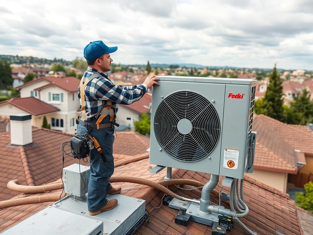 An HVAC technician installing a new air conditioning unit on a residential rooftop. The image should capture the technician in action, with a clear view of the equipment and a picturesque neighborhood in the background, emphasizing professionalism and expertise.