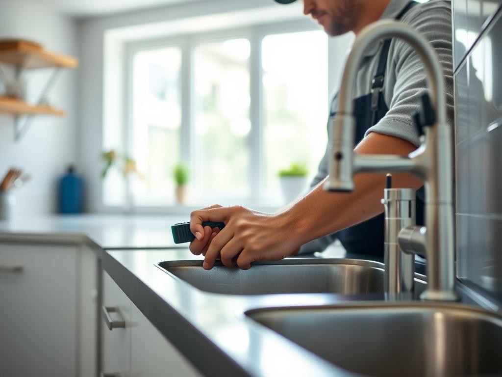 A skilled plumber repairing a sink in a modern kitchen, focusing on the plumber's hands as they work with tools. The background should be a bright, clean kitchen environment with natural light coming through a window, enhancing the sense of professionalism and care.