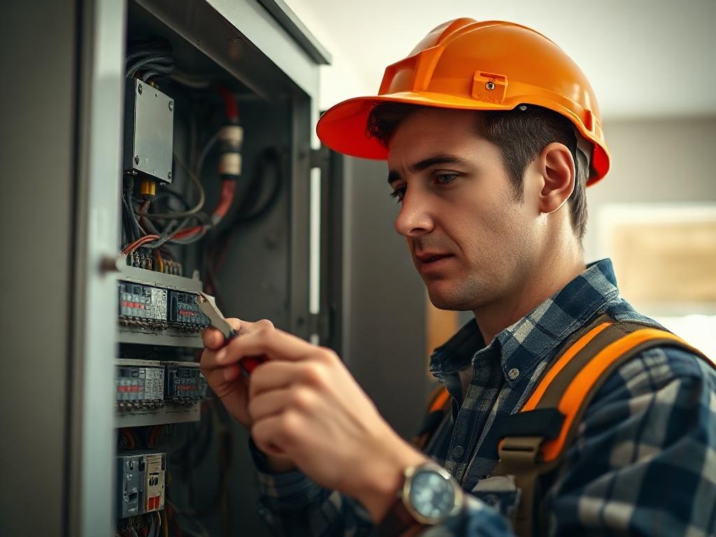 An electrician inspecting a residential electrical panel, with tools in hand and a focused expression. The background should show a well-lit home interior, emphasizing professionalism and safety in electrical work.