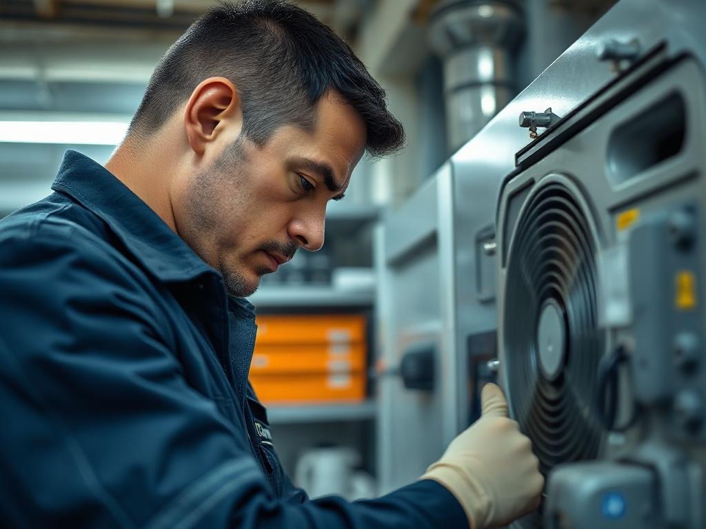 A hyper-realistic close-up of a professional technician in a uniform performing maintenance work on HVAC equipment. The technician should be focused and skilled, showcasing craftsmanship. The background should be a well-lit, organized workspace, emphasizing a clean and efficient environment. The color scheme should align with rgb(50, 170, 39) to reflect the brand's identity.