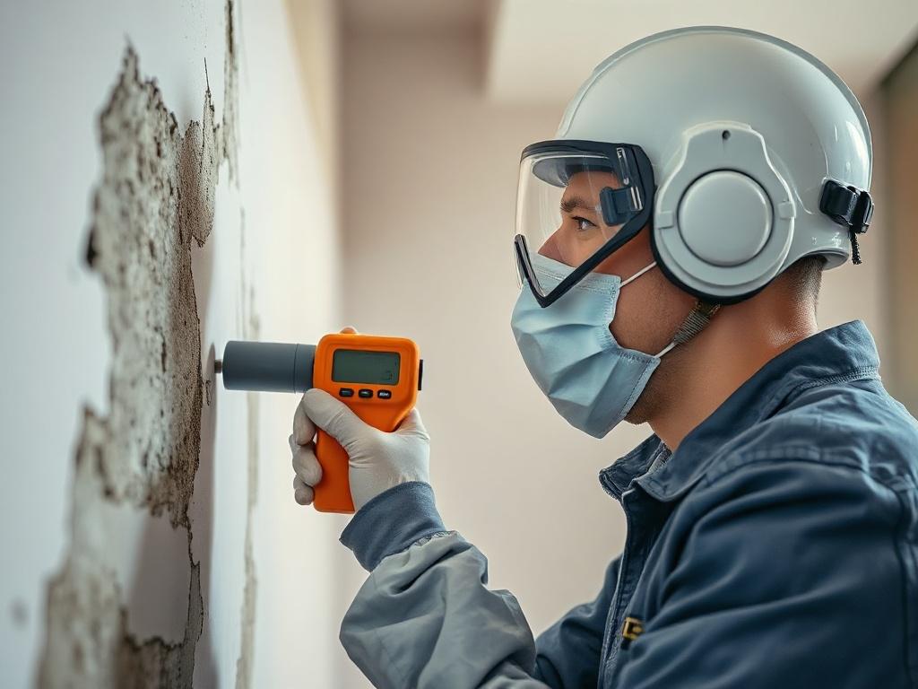 A close-up shot of a professional inspecting a wall for mold, using a moisture meter. The inspector is wearing protective gear, and the background showcases a well-lit, modern interior space that appears clean and organized, emphasizing a proactive approach to home maintenance.