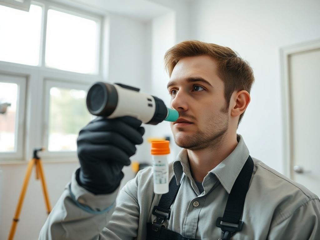 A close-up of a technician taking air quality samples in a recently remediated room. The setting is bright and clean with visible equipment, emphasizing the importance of thorough verification in mold remediation, while the technician's focused expression reflects professionalism and diligence.