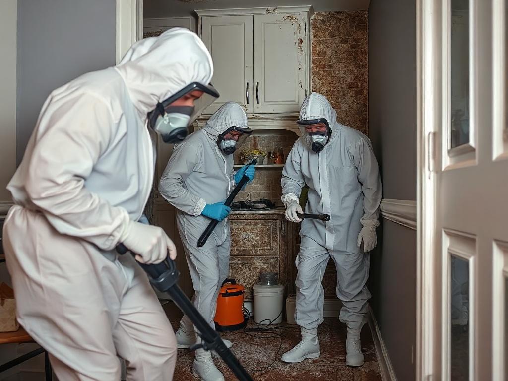 A realistic image of a professional team in protective gear actively removing mold from a damp corner in a home. The scene is vibrant and well-lit, focusing on the cleaning process, with mold removal tools and equipment visible, conveying a sense of urgency and thoroughness.