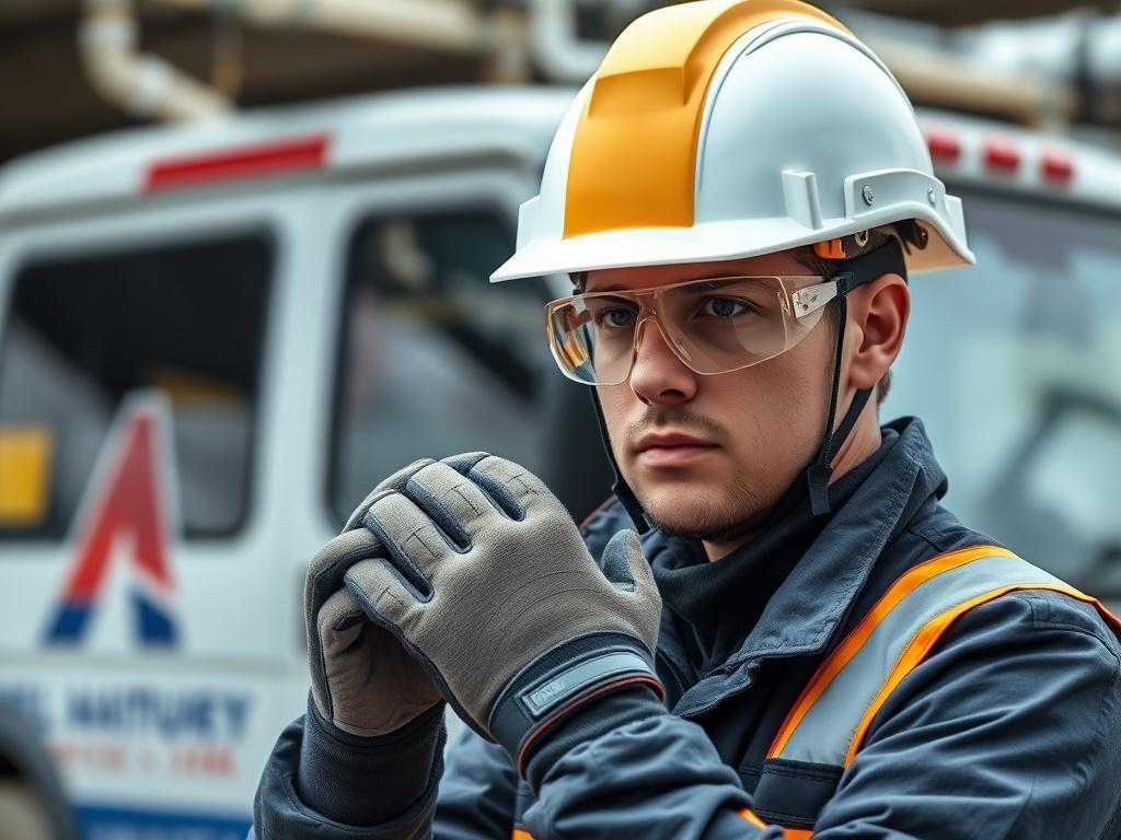 A technician preparing for work at a job site, wearing full PPE including helmet, gloves, and safety glasses. The background includes a company vehicle with visible branding. The image should convey a sense of professionalism and safety, capturing the technician's readiness to tackle the job ahead, with a focus on the importance of compliance and safety protocols.