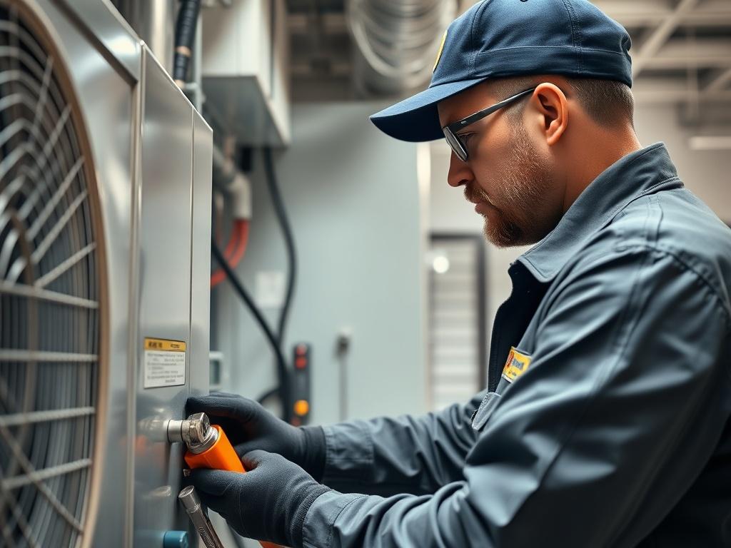 A clean, modern workspace with a technician in uniform inspecting HVAC equipment. The focus is on the technician's hands as they work, with tools neatly arranged nearby. The background is subtly blurred to emphasize the technician's professionalism. Ensure the image reflects a high-quality and safe work environment, conveying trust and reliability.