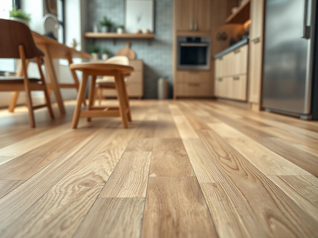 A close-up shot of a luxury vinyl plank floor in a trendy kitchen setting. The planks should appear modern, showcasing a wood-like texture with a stylish design. Soft lighting highlights the flooring, with a hint of kitchen elements blurred in the background.