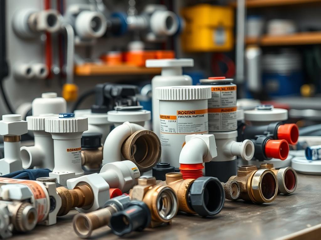 A close-up of various plumbing and electrical parts arranged neatly on a workbench, with labels visible for clarity. The background should be softly blurred to emphasize the parts' quality and variety. Ensure the lighting highlights the details of the components, reflecting professionalism in the materials used for maintenance and repair work.