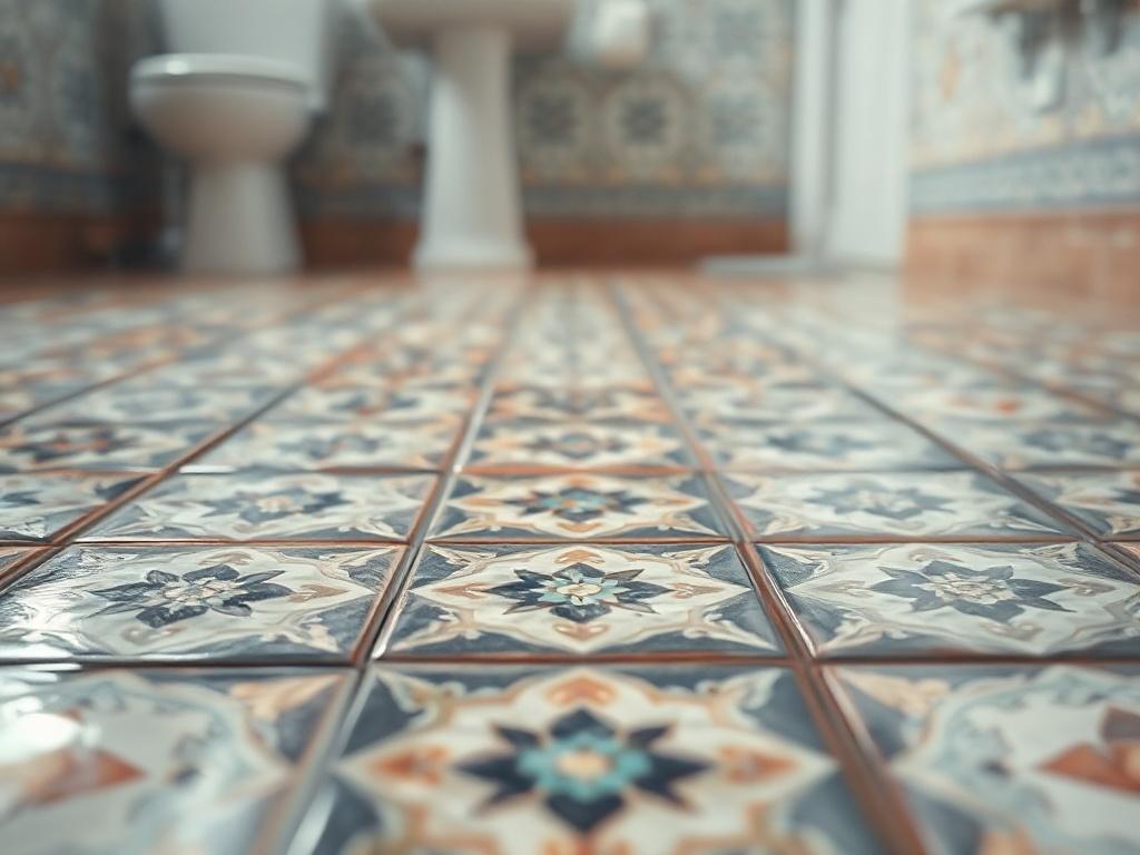 A close-up shot of a beautifully tiled bathroom floor featuring intricate patterns and textures. The tiles should be colorful and reflect light, with a soft focus on bathroom fixtures in the background, creating an inviting atmosphere.
