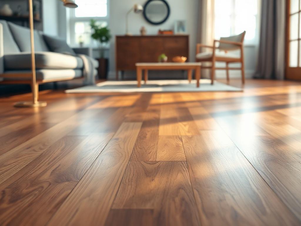 A close-up shot of a beautifully installed hardwood floor in a modern living room. The floor should have a rich, warm tone and showcase intricate wood grain patterns. The background should be softly blurred, focusing on the flooring, with natural light streaming in from a nearby window.