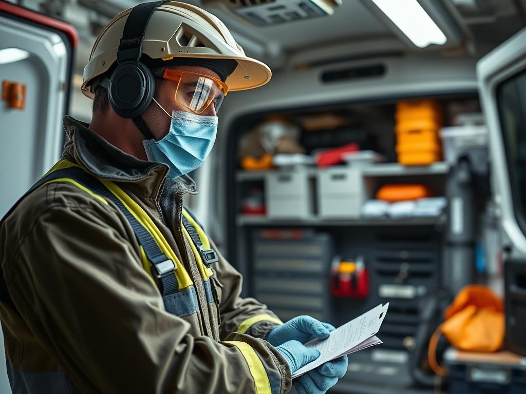 A technician preparing a service vehicle in a well-lit garage, showcasing safety gear, tools, and vehicle organization. The focus is on the technician wearing PPE and ensuring compliance with safety standards, with clear documentation visible in the background. The scene reflects professionalism and readiness for service.