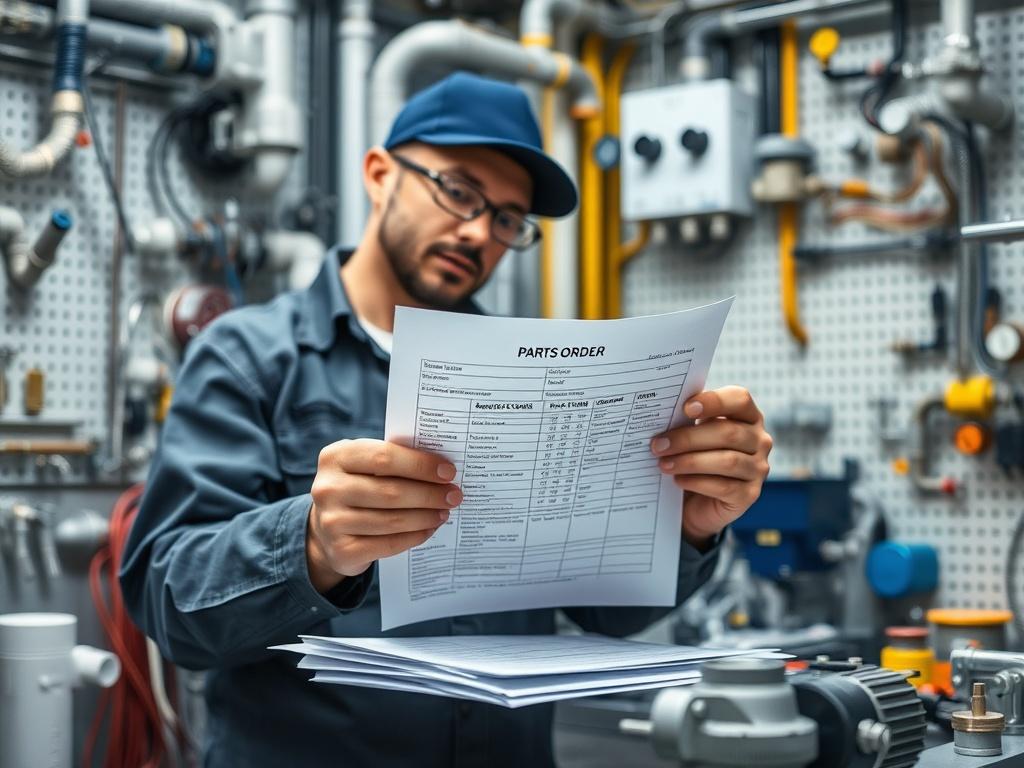 An organized workspace with various plumbing and electrical parts, showcasing a technician reviewing a parts order list. The setting highlights attention to detail and transparency in billing for parts used in facility maintenance.