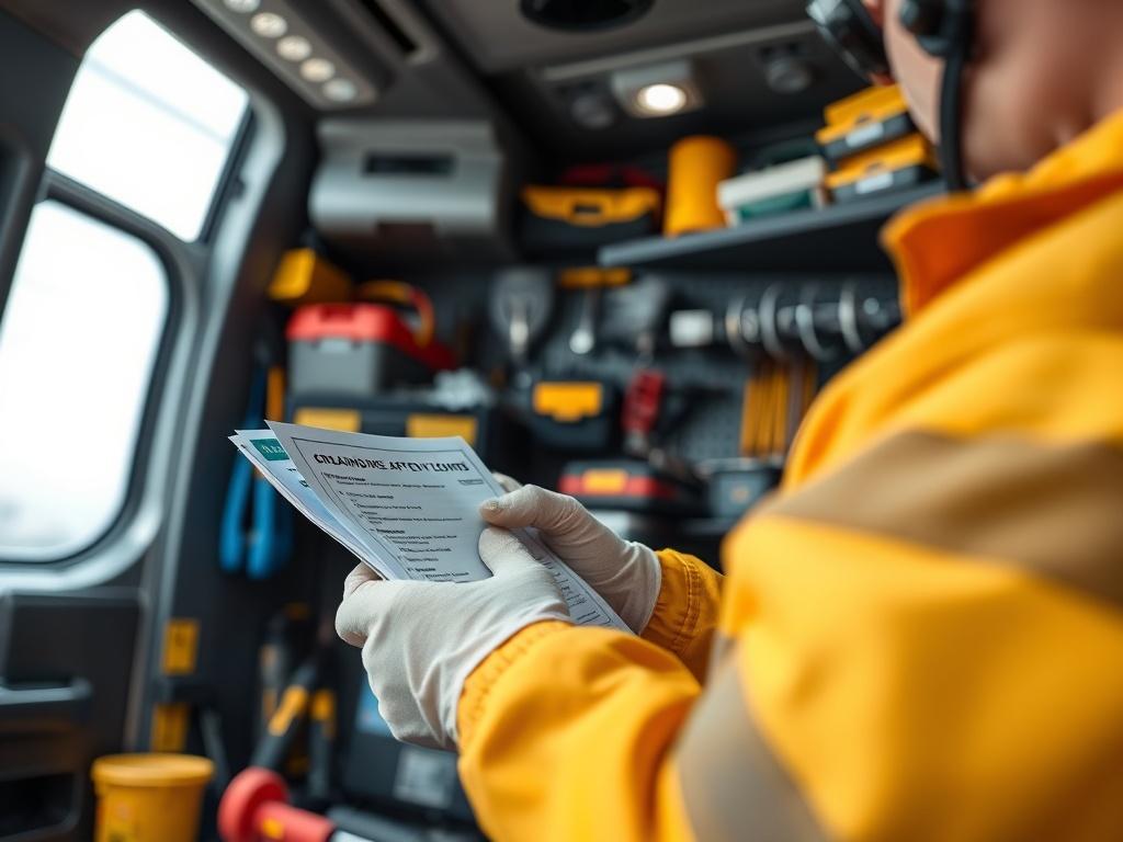 A close-up of a technician's hands preparing safety equipment in a service vehicle, highlighting PPE gear and compliance documentation. The background shows organized tools and equipment, reflecting a commitment to safety and professionalism in facility maintenance.