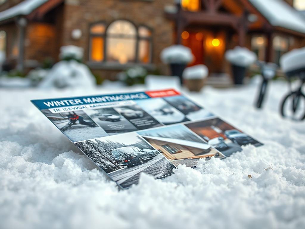 A close-up shot of a winter maintenance package brochure laid on a snow-covered table. The brochure showcases images of snow removal and ice management, with a cozy home in the background. The image is hyper-realistic, capturing the essence of winter maintenance.