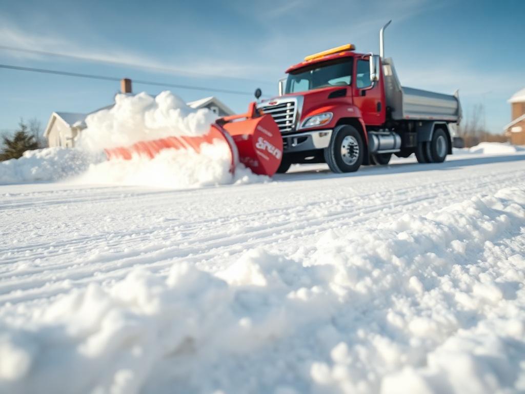A close-up shot of a snow-covered driveway being cleared by a professional snow removal truck. The truck is actively pushing snow to the side, with clear skies in the background. The image is hyper-realistic, showcasing the texture of the snow and the vibrant colors of the truck against the white snow.
