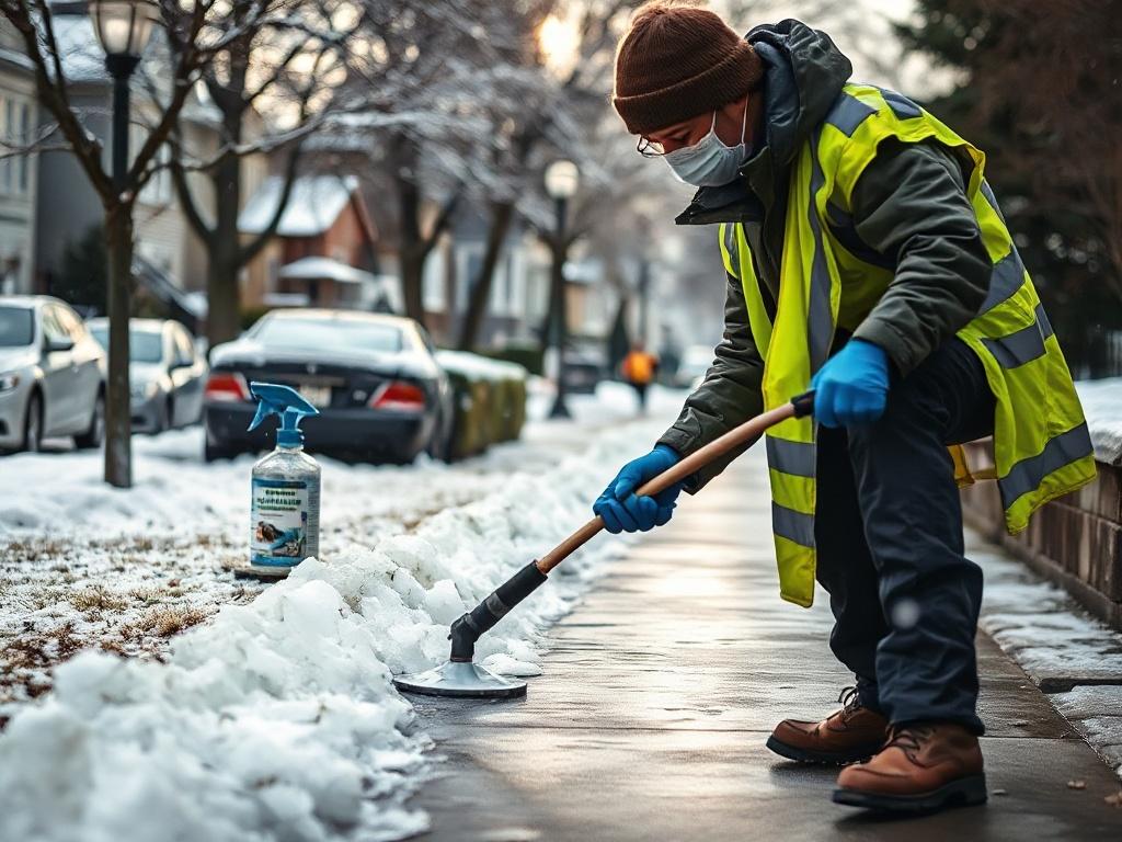 A hyper-realistic image showing a professional applying de-icing solution to a sidewalk covered in ice. The worker is wearing safety gear, and the background shows a residential neighborhood with trees lightly dusted with snow. The focus is on the action of applying the de-icing solution.