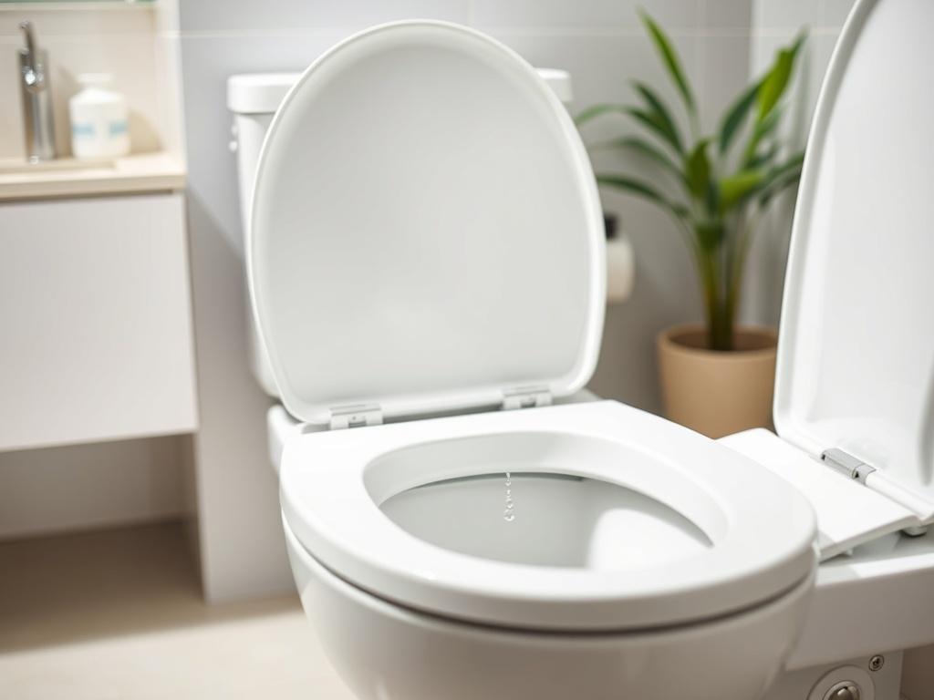 Create a realistic high-resolution photo of a close-up shot of a running toilet in a bathroom setting. The main subject should be the toilet, prominently displaying a slow stream of water running from the flush valve into the bowl. The toilet should be modern, showcasing clean lines and a sleek design, ideally in a crisp white color to emphasize its functionality. 

In the background, include soft-focus elements of a tidy bathroom, such as a neatly folded towel on a countertop, a chrome faucet reflecting li