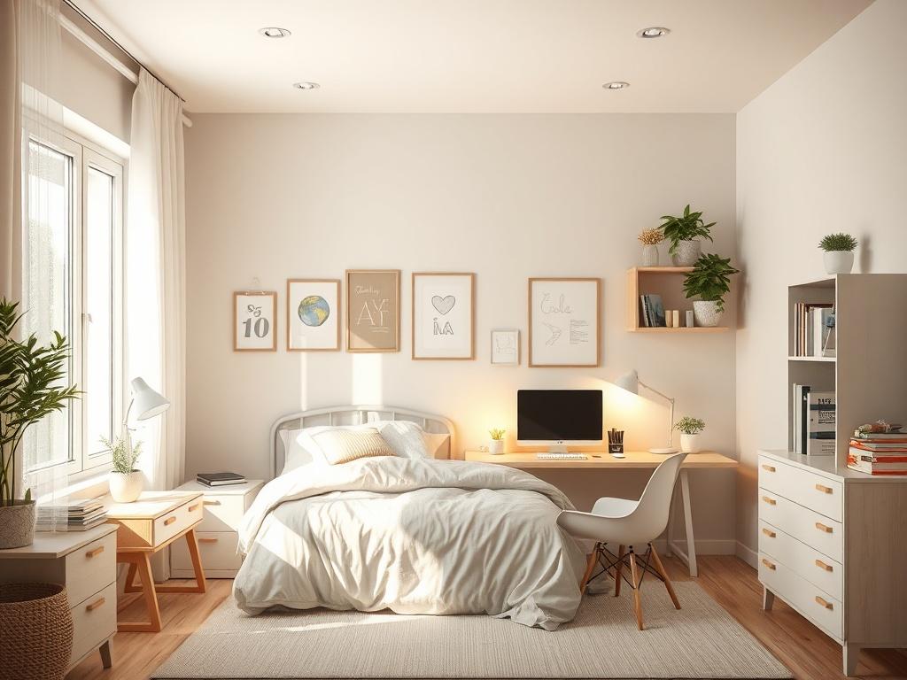 A peaceful bedroom with a well organized workspace, showcasing a