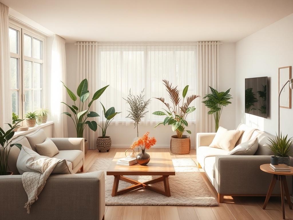 A serene shared living room with comfortable furnishings, soft natural