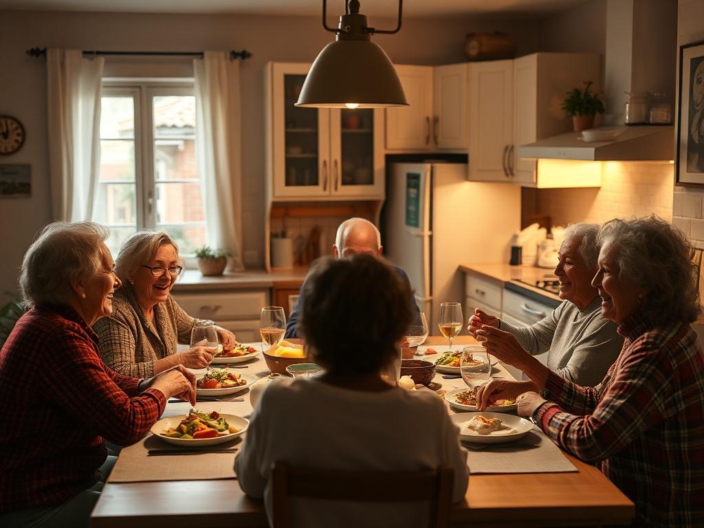 A group of diverse residents enjoying a communal meal in