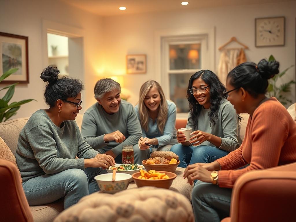 A group of diverse adults interacting in a cozy shared