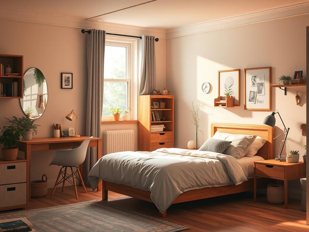 A cozy, furnished bedroom in a shared living space, featuring