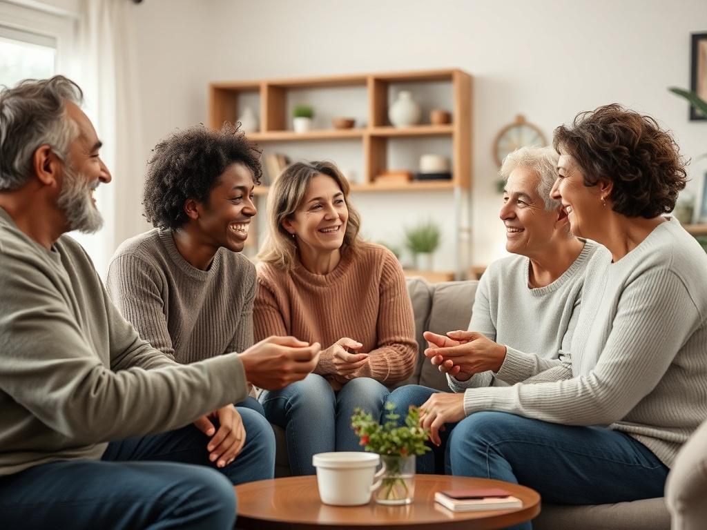 A friendly image of a diverse group of adults engaging
