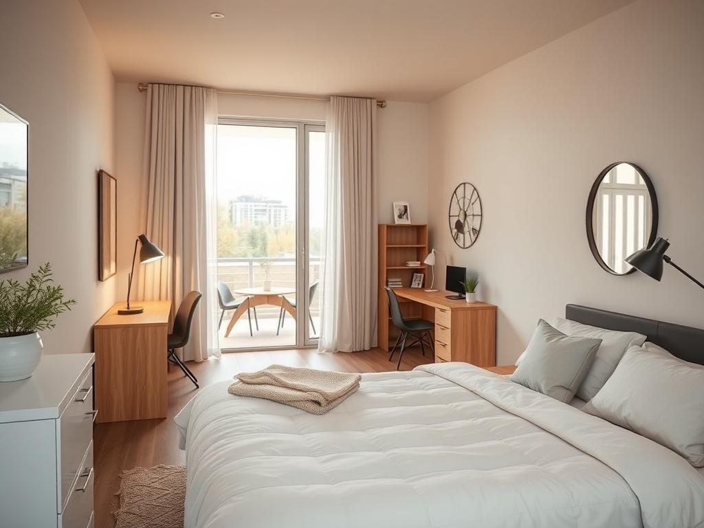 A contemporary furnished bedroom in a shared home, featuring a