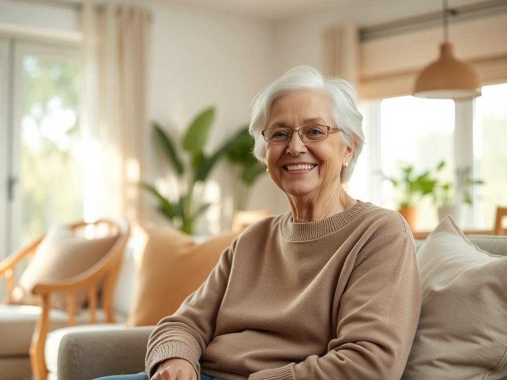 **Image Prompt for AI Image Generation:**

Create a realistic high-resolution photo that reflects the theme "Benefits of Co-Living Spaces for Seniors." The composition should focus on one main subject: a cheerful, independent senior woman in her 70s, sitting comfortably in a beautifully furnished co-living space. She should have a warm smile, exuding a sense of joy and contentment. 

The background should portray a well-decorated living area with cozy, soft tones—think gentle pastel colors—featuring comfort