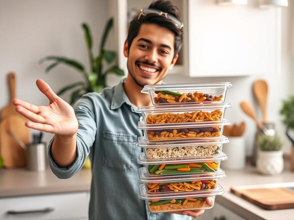 A friendly person smiling while delivering stacked Tupperware containers filled with colorful meal prep food. The scene is set in a cozy kitchen with soft lighting, showcasing a clean countertop and a warm atmosphere. The person is wearing casual clothing and appears welcoming, holding the Tupperware in one hand while gesturing with the other. The background features plants and kitchen utensils, enhancing the homey feel.