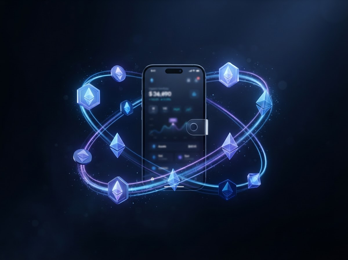 A luminous wallet interface surrounded by digital assets
