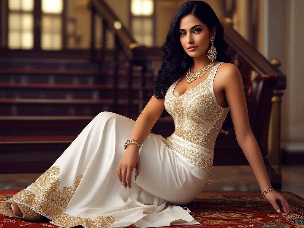 A stunningly beautiful Indian female escort in an elegant dress,