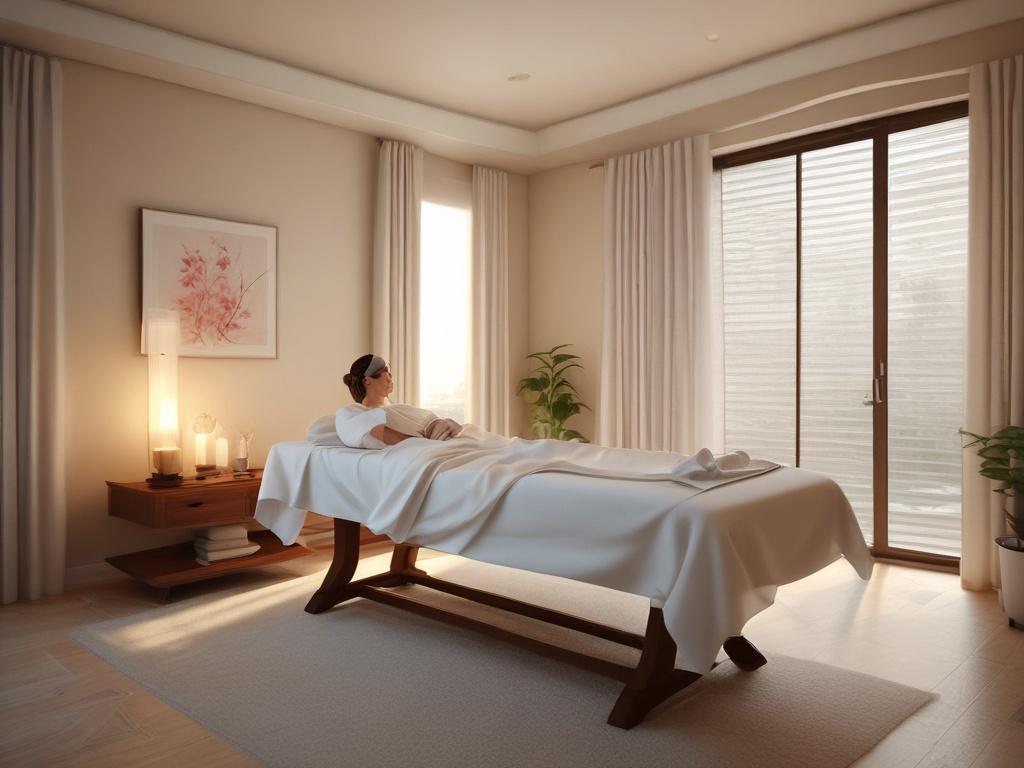 A serene spa setting with soft lighting and calming colors