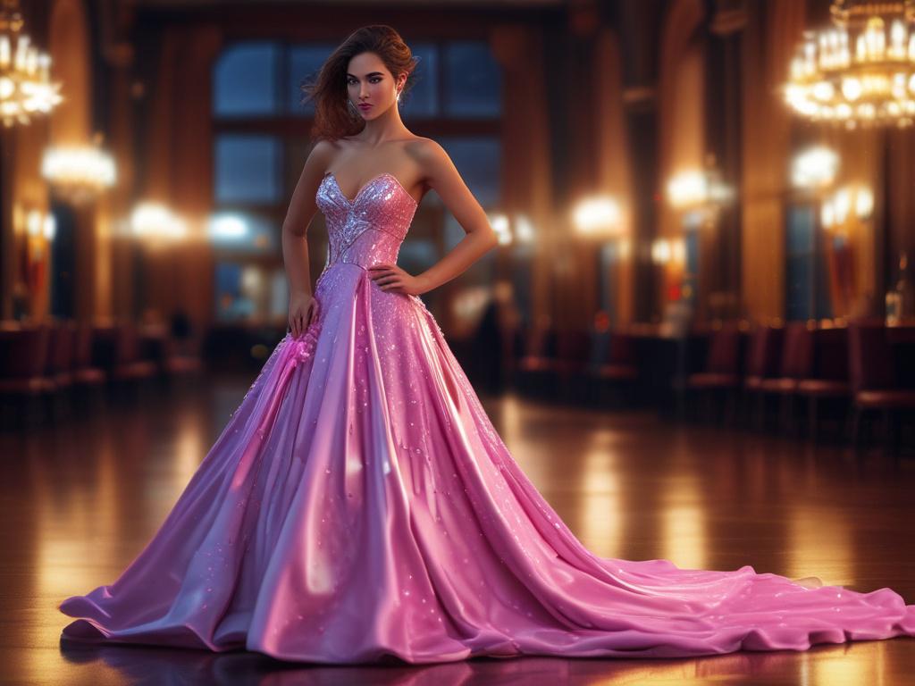 A glamorous actress escort in an elegant evening gown, poised