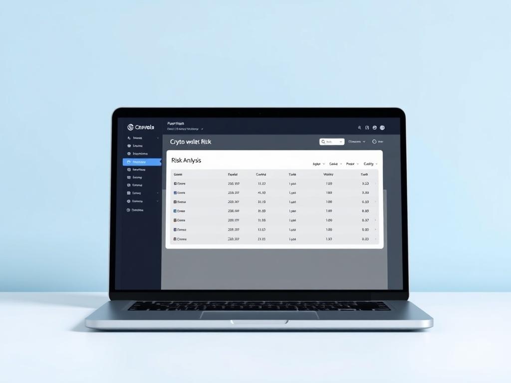 A realistic high-resolution image showcasing a sleek, minimalist laptop with a dark screen displaying a crypto wallet risk analysis. The background is simple and clean, with soft blue accents. The focus is on the laptop screen, emphasizing clarity and professionalism.